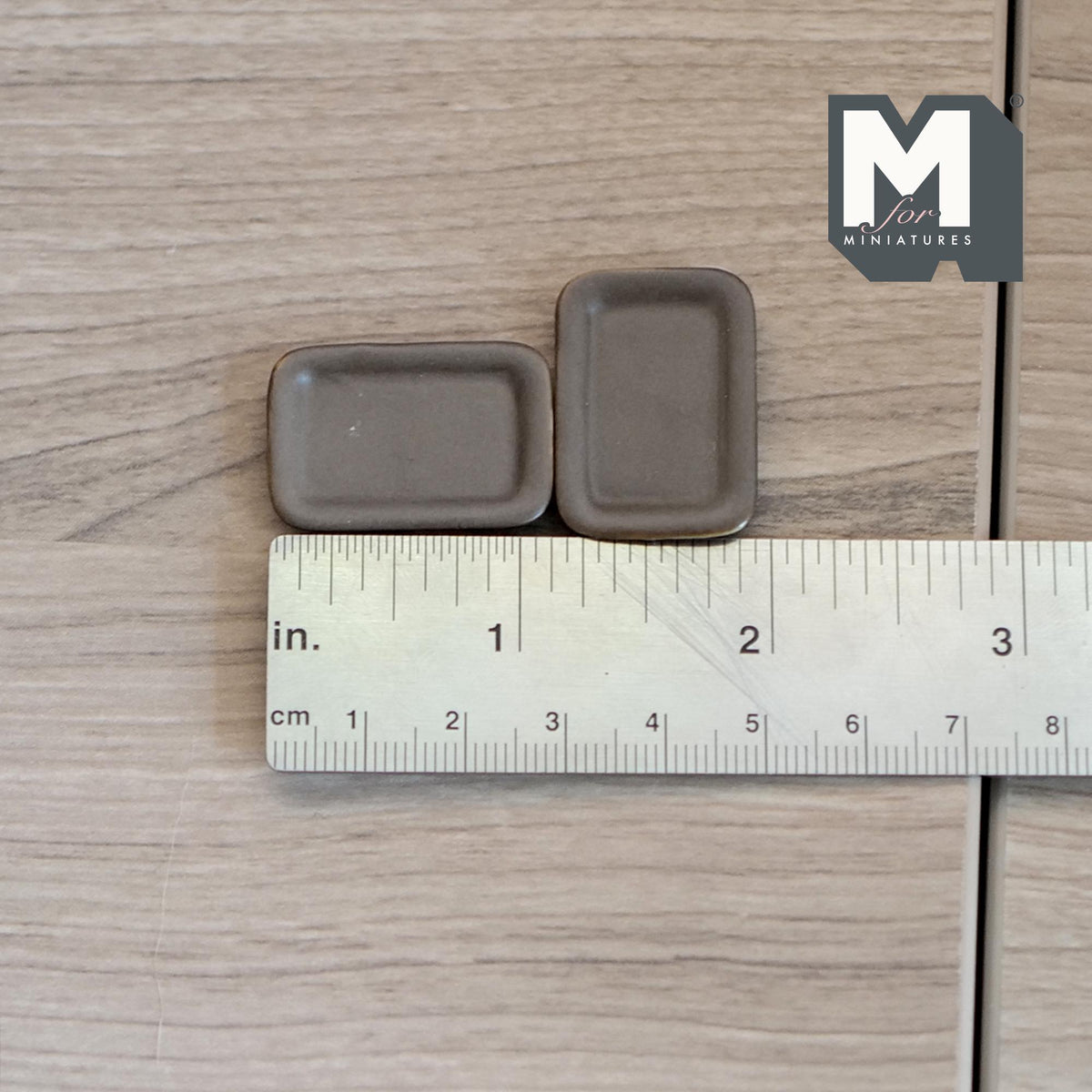 1:12 Scale Miniature Ceramic Rectangular Plates, Set of 2, 1-1/8 inch long, DIY Dollhouse Supply (brown)