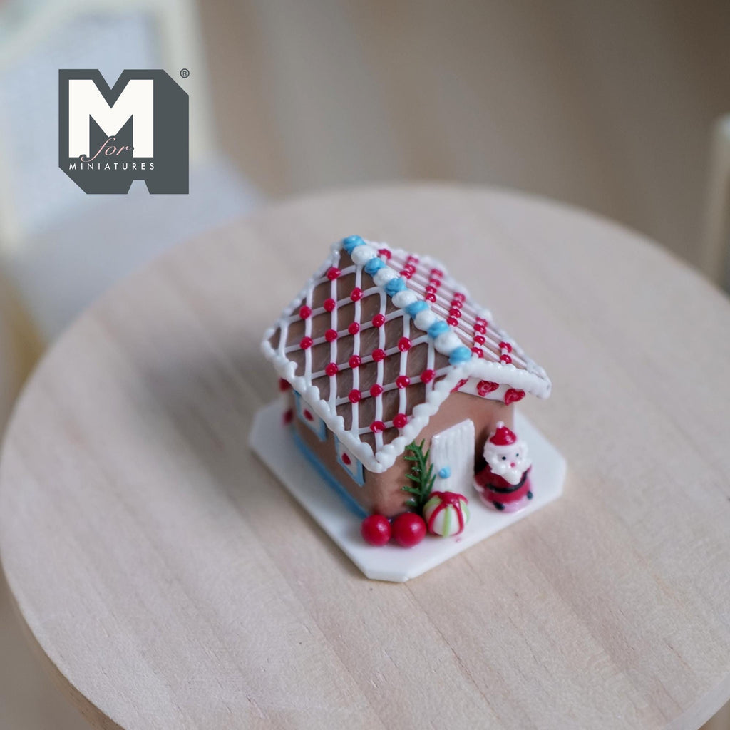 1:12 Scale Miniature Gingerbread House with Santa, Candy Cane and Christmas Tree, 1-1/8 inch long, DIY Dollhouse Supply (non edible)