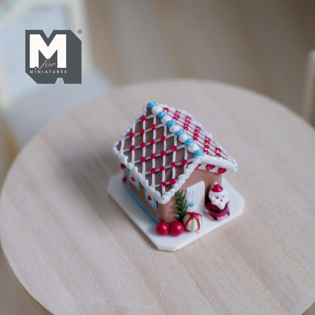 1:12 Scale Miniature Gingerbread House with Santa, Candy Cane and Christmas Tree, 1-1/8 inch long, DIY Dollhouse Supply (non edible)
