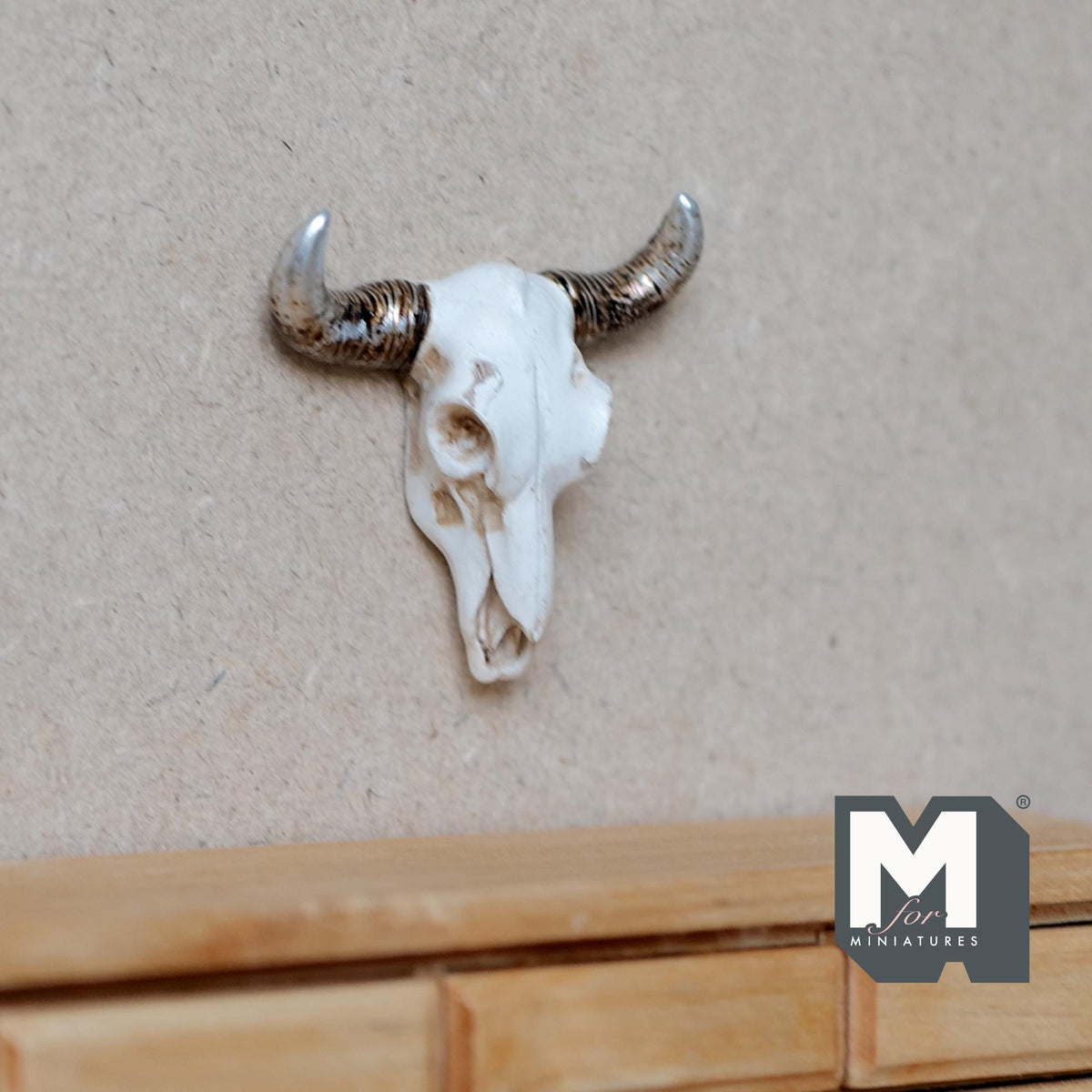 1:12 Scale Miniature Bull Skull Wall Decor, Long Horns, 2 inch wide, DIY Dollhouse Supply (cast resin) (white and brown)