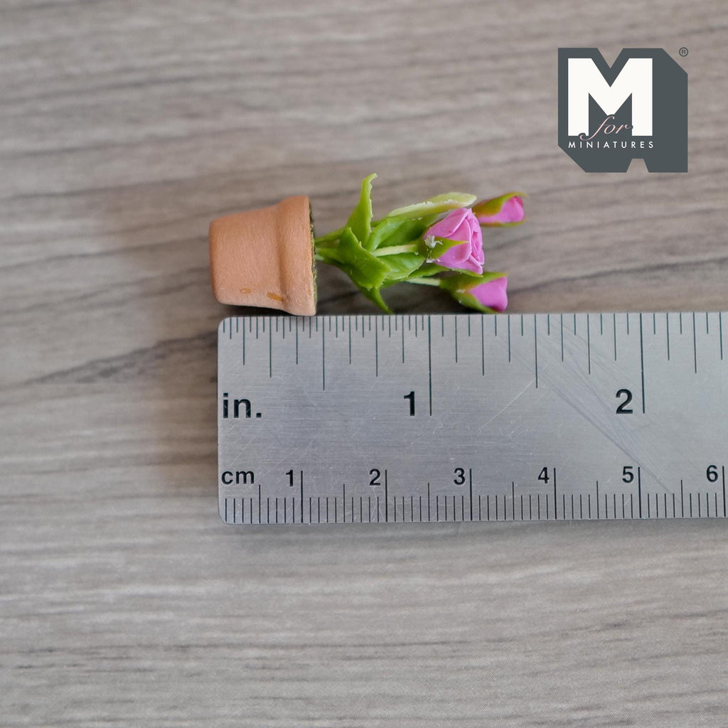 1:12 Scale Miniature Potted Roses, Terracotta Pot, 1-1/4 inch tall, DIY Dollhouse Supply (pink)