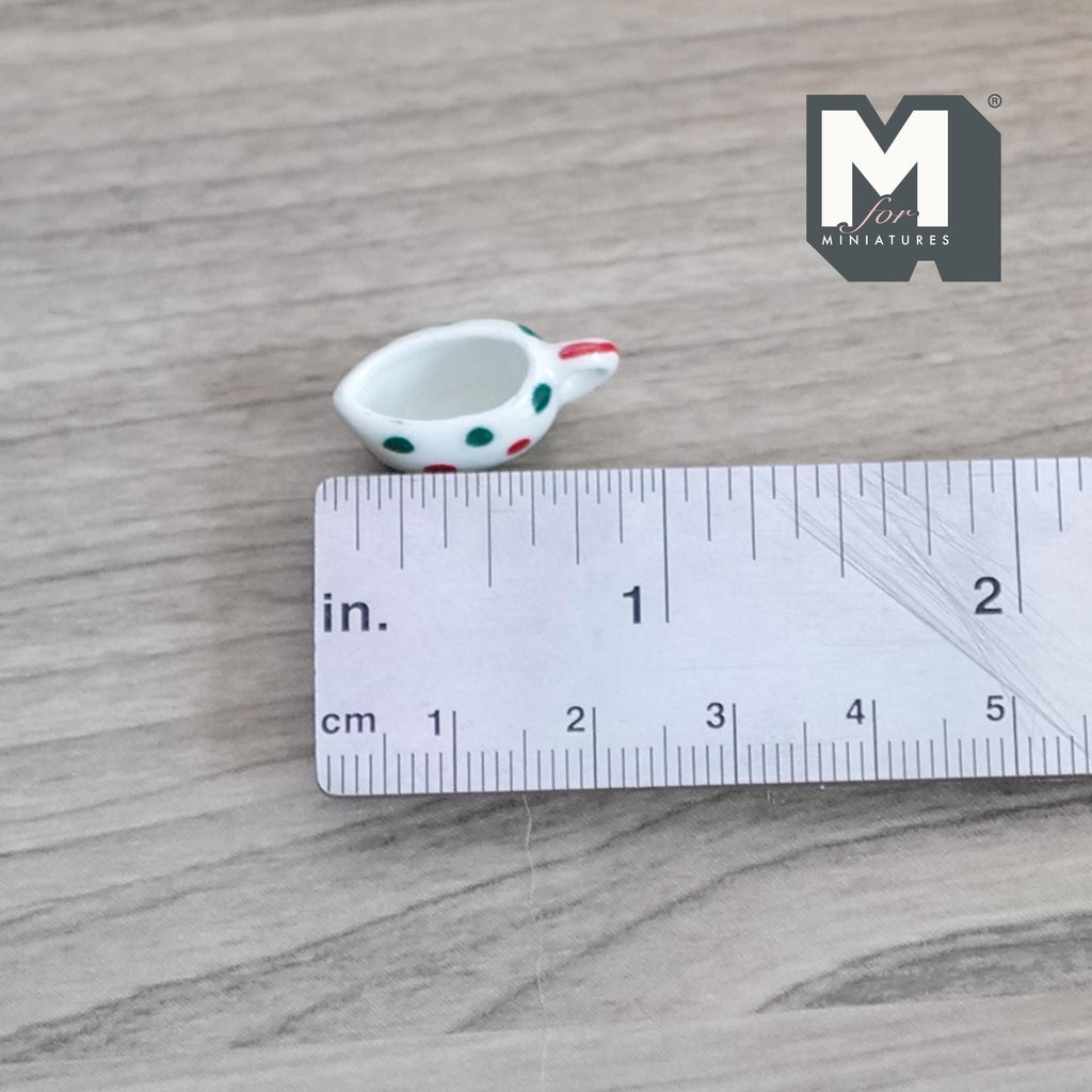 1:12 Scale Miniature Ceramic Cream Boat with Handle, 13/16 inch long, DIY Dollhouse Supply (red polka dot)