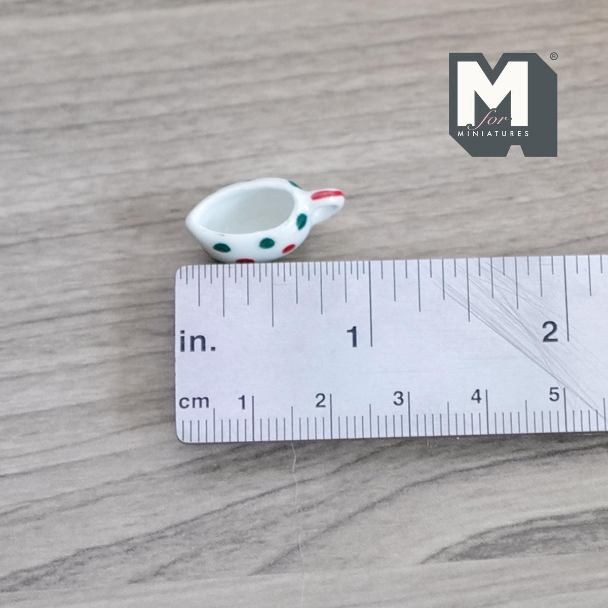 1:12 Scale Miniature Ceramic Cream Boat with Handle, 13/16 inch long, DIY Dollhouse Supply (red polka dot)