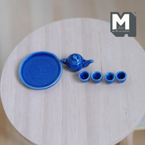 1:12 Scale Miniature Ceramic Teapot, Cups and Tray, Set of 6, 7/8 inch tall, DIY Dollhouse Supply (blue)