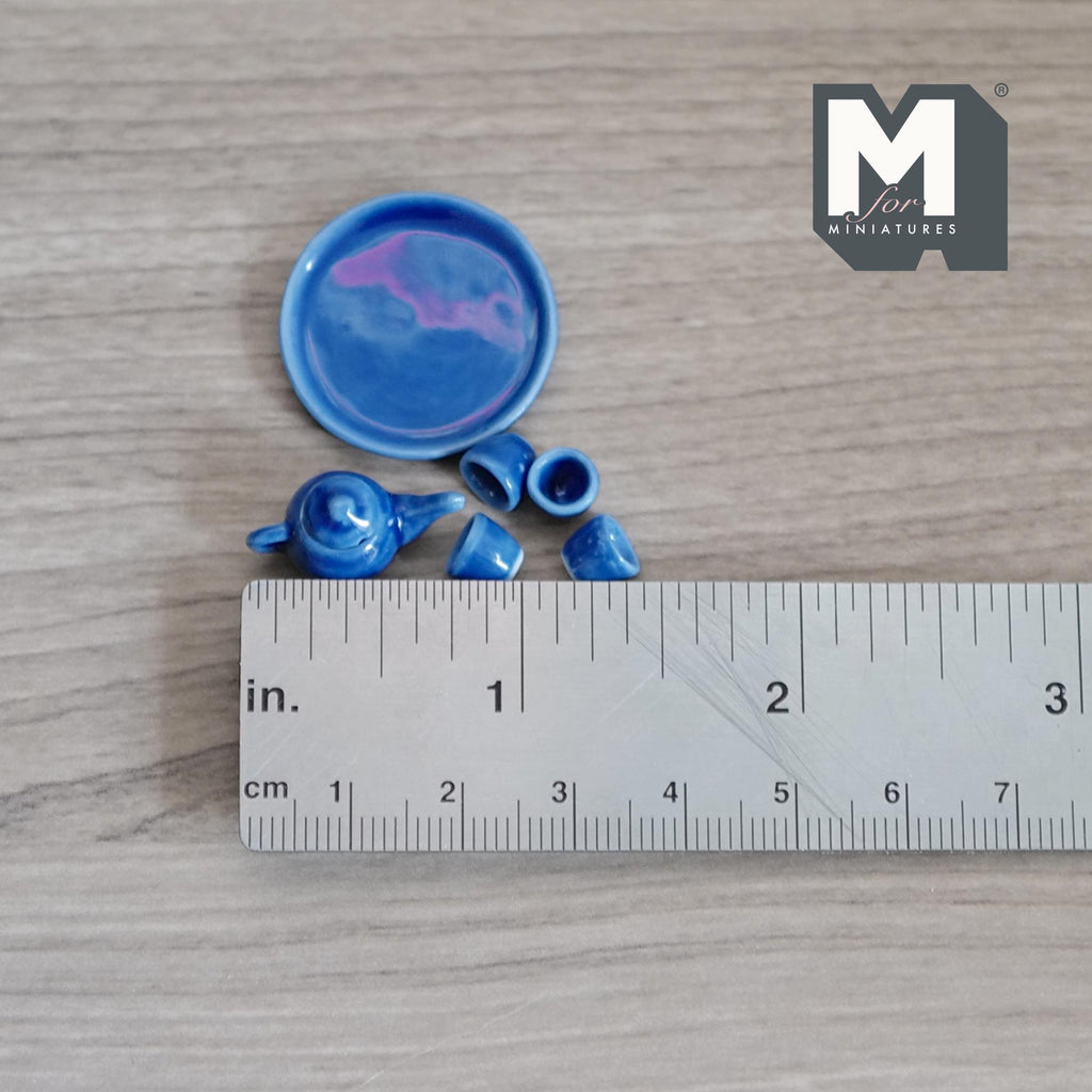 1:12 Scale Miniature Ceramic Teapot, Cups and Tray, Set of 6, 7/8 inch tall, DIY Dollhouse Supply (blue)