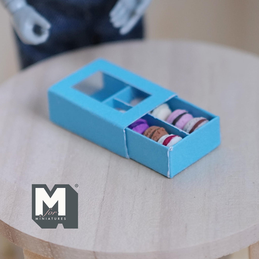 1:12 Scale Miniature Box of 8 Macarons, Clear Window Lid, 1 inch long, DIY Dollhouse Supply (blue)