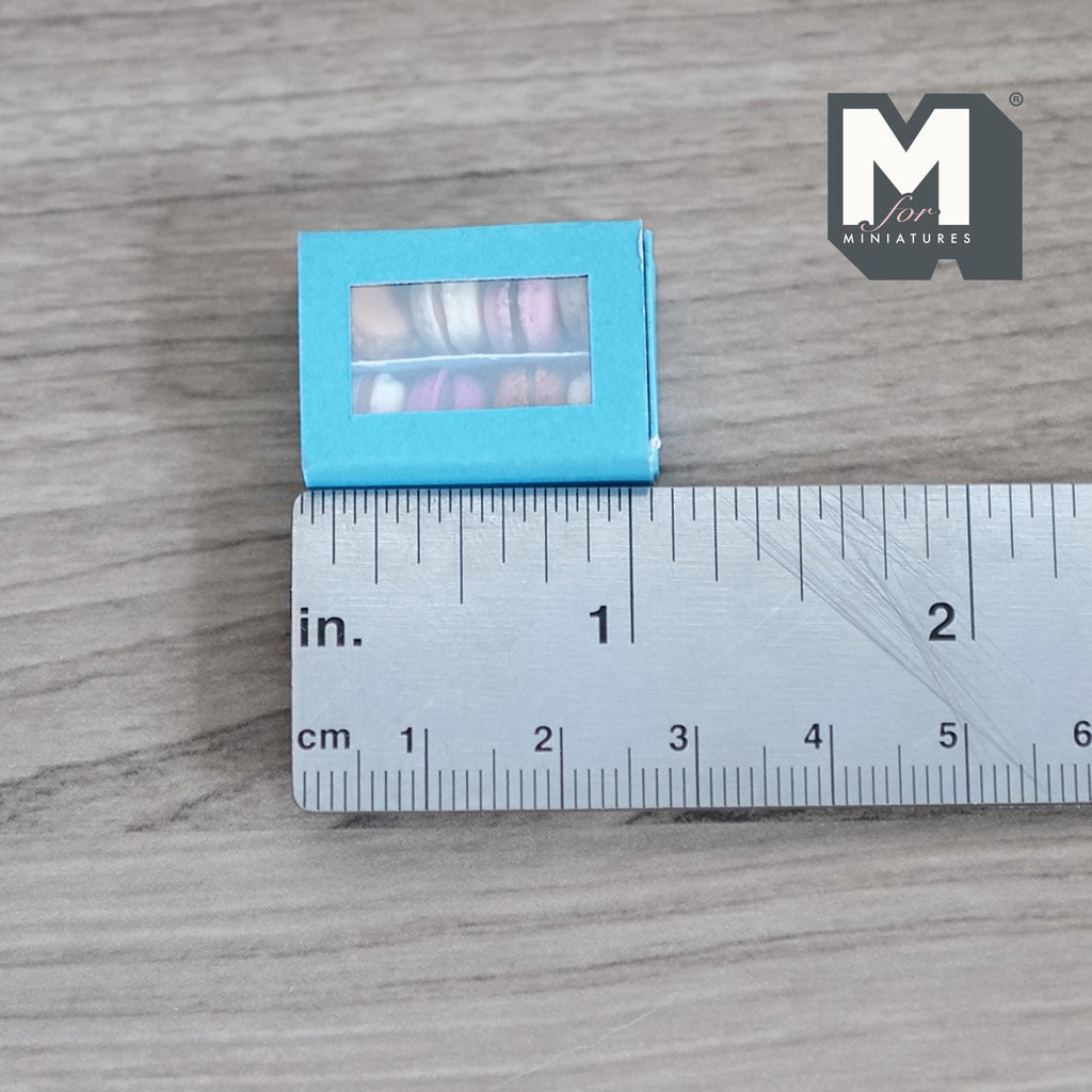 1:12 Scale Miniature Box of 8 Macarons, Clear Window Lid, 1 inch long, DIY Dollhouse Supply (blue)