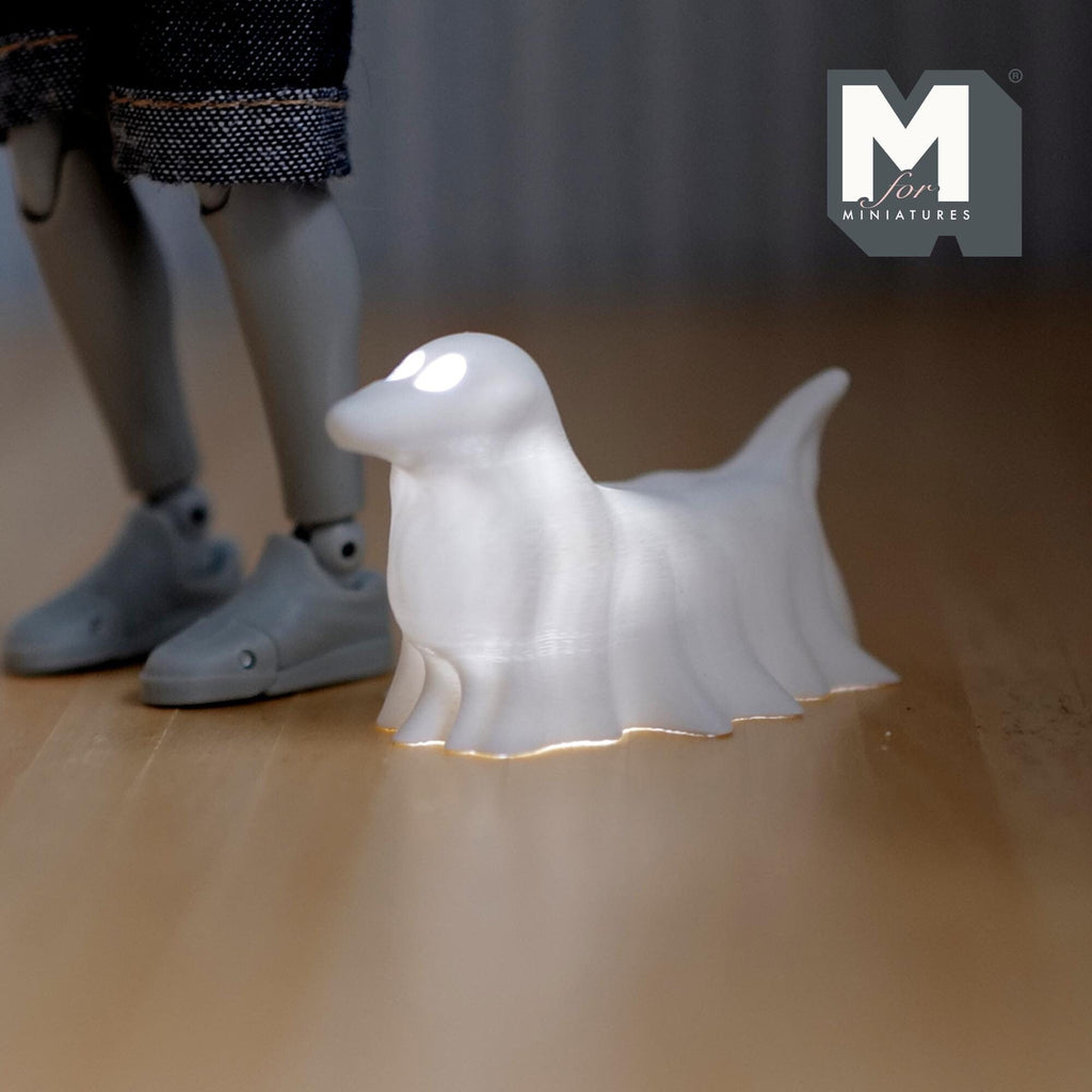 1:12 Scale Miniature Draped Ghost Dachshund, Halloween Decor, with Micro LED Lights, 1-1/8 inch tall, DIY Dollhouse Supply (white)