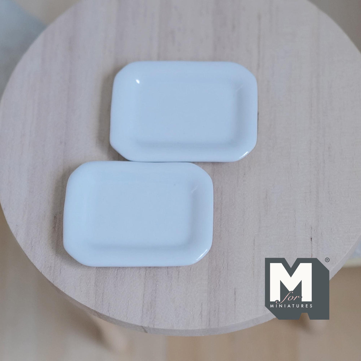 1:12 Scale Miniature Ceramic Rectangular Dining Plates, Set of 2, 1-1/4 inch long, DIY Dollhouse Supply (white)