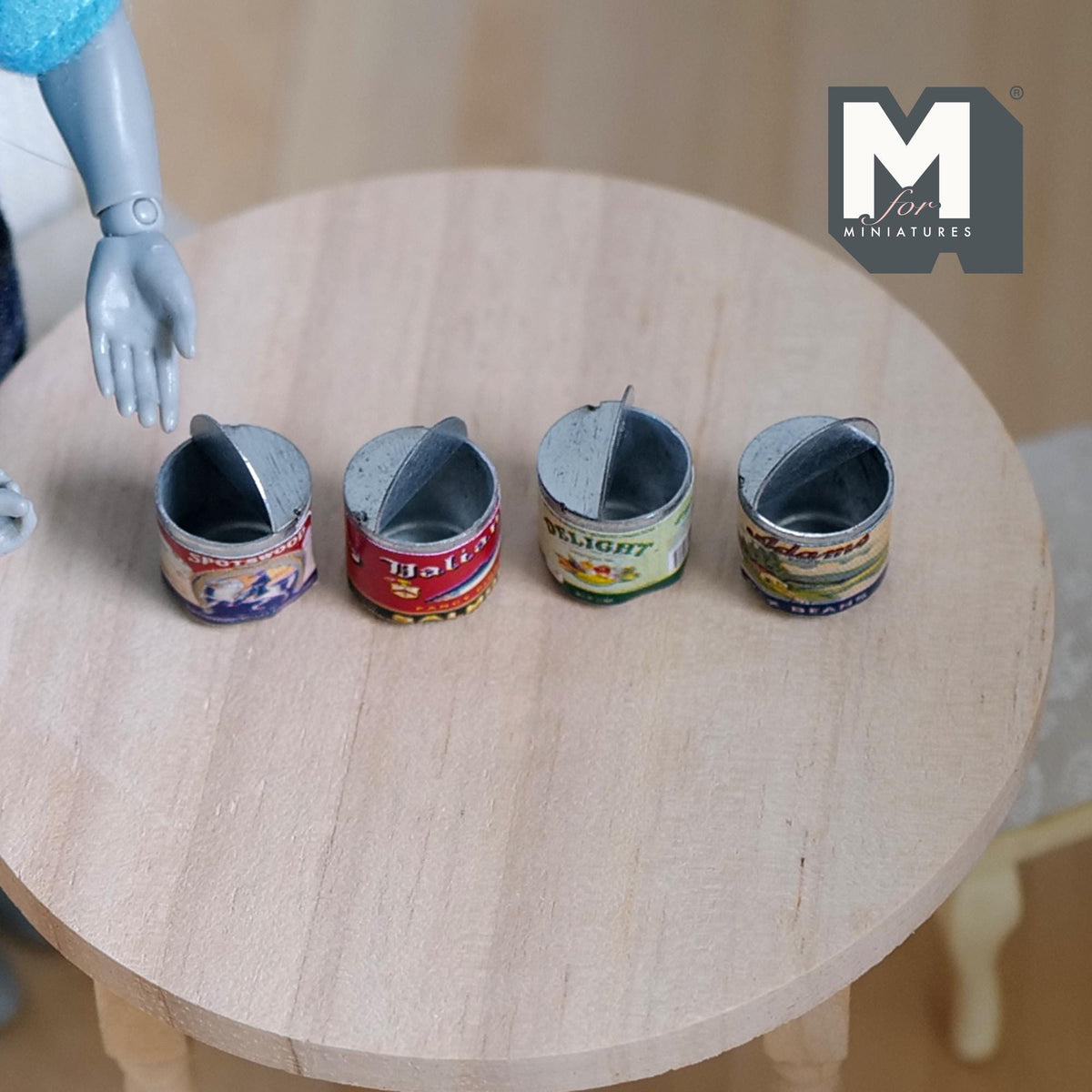 1:12 Scale Miniature Opened Tin Cans, Set of 4, 11/16 inch dia., DIY Dollhouse Supply