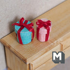 1:12 Scale Miniature Hat Boxes with Red Bows, Set of 2, 13/16 inch tall, DIY Dollhouse Supply (aqua and pink) (hats not included)