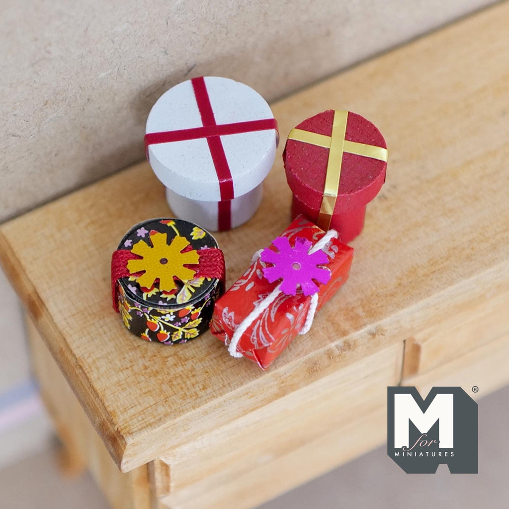 1:12 Scale Miniature Christmas Wrapped Gift Boxes, Round and Square, Set of 4, 11/16 inch tall, DIY Dollhouse Supply (wood)