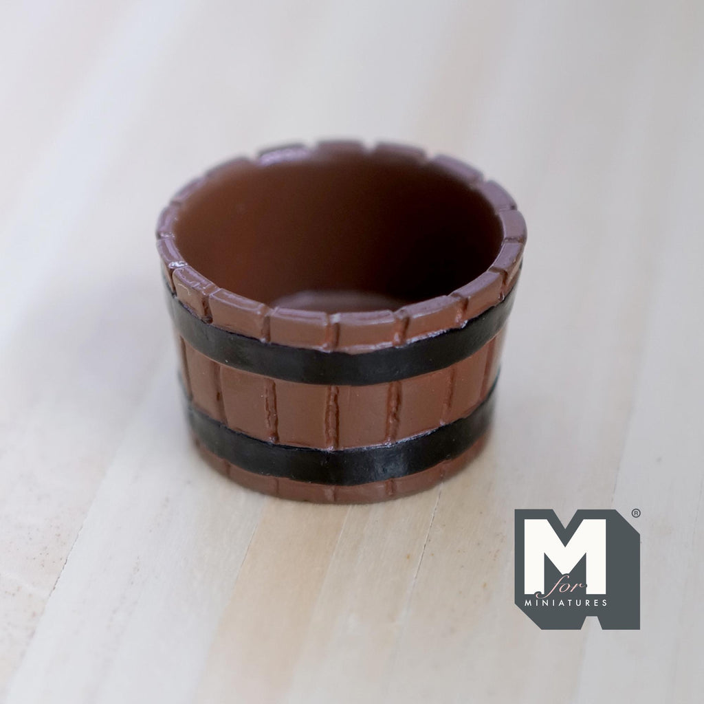 1:12 Scale Miniature Barrel Planter Tub, Wood Look with Black Bands, 1-7/16 inch dia., DIY Dollhouse Supply (resin) (brown)