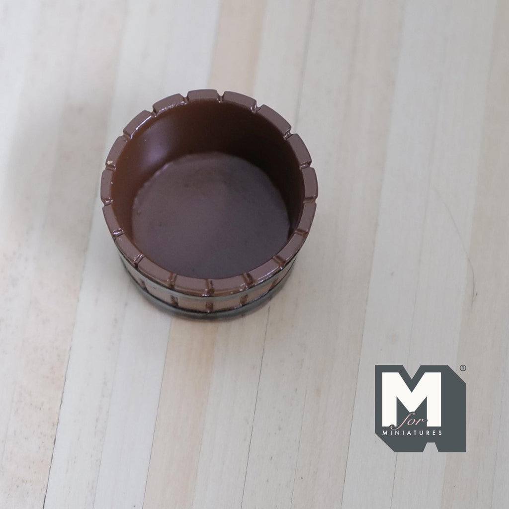 1:12 Scale Miniature Barrel Planter Tub, Wood Look with Black Bands, 1-7/16 inch dia., DIY Dollhouse Supply (resin) (brown)