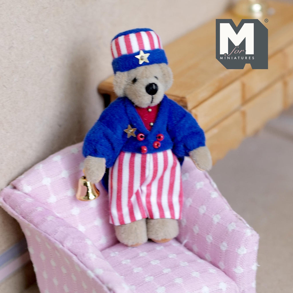 1:12 Scale Miniature Plush Bear, Stars and Stripes Outfit with Cap and Bell, 3-7/16 inch tall, DIY Dollhouse Supply