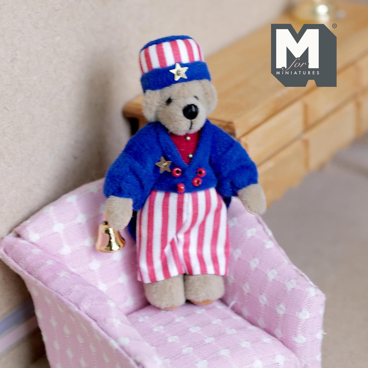 1:12 Scale Miniature Plush Bear, Stars and Stripes Outfit with Cap and Bell, 3-7/16 inch tall, DIY Dollhouse Supply