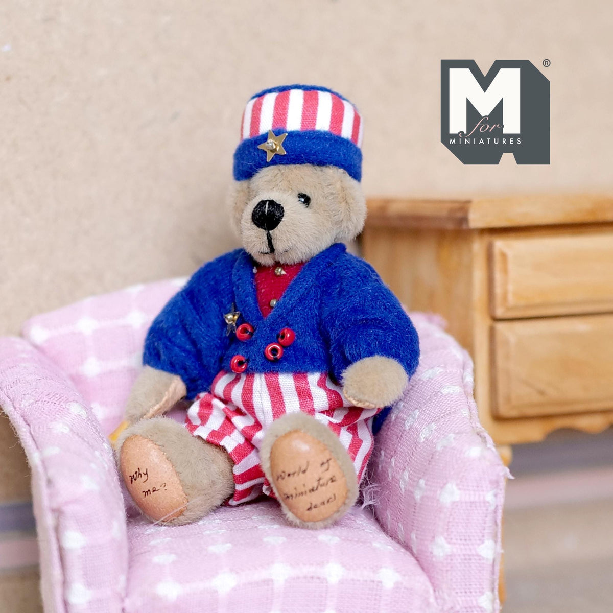 1:12 Scale Miniature Plush Bear, Stars and Stripes Outfit with Cap and Bell, 3-7/16 inch tall, DIY Dollhouse Supply