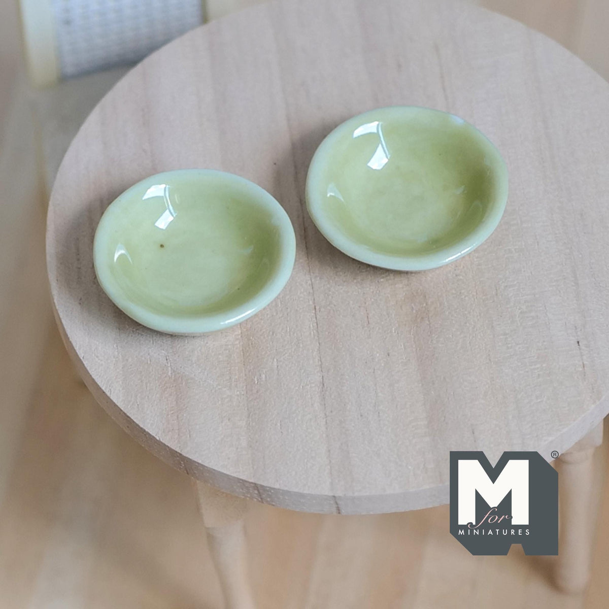 1:12 Scale Miniature Ceramic Bowls, Set of 2, 1-1/8 inch dia., DIY Dollhouse Supply (pale green)