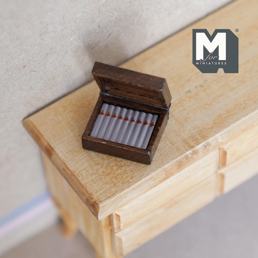 1:12 Scale Miniature Wood Cigar Box with Cigars, Hinged Lid, 7/8 inch long, DIY Dollhouse Supply
