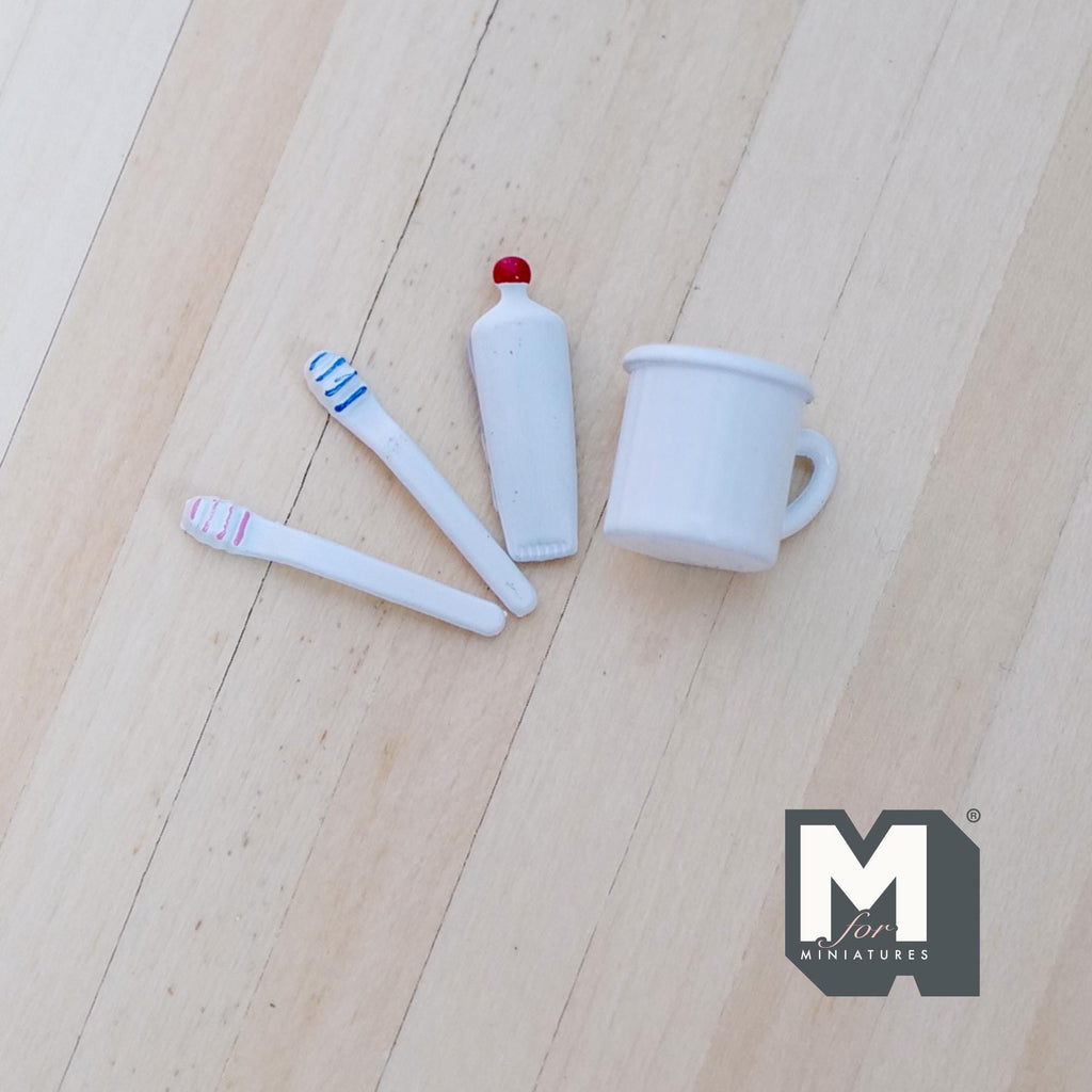 1:12 Scale Miniature Rinse Cup with Toothbrushes and Toothpaste, Set of 4, 3/4 inch long, DIY Dollhouse Supply (white)