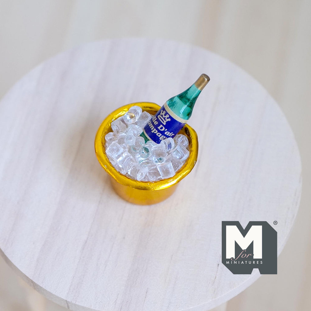 1:12 Scale Miniature Ice Bucket with Wine Bottle and Ice, 1-1/16 inch dia., DIY Dollhouse Supply (gold) (metal)