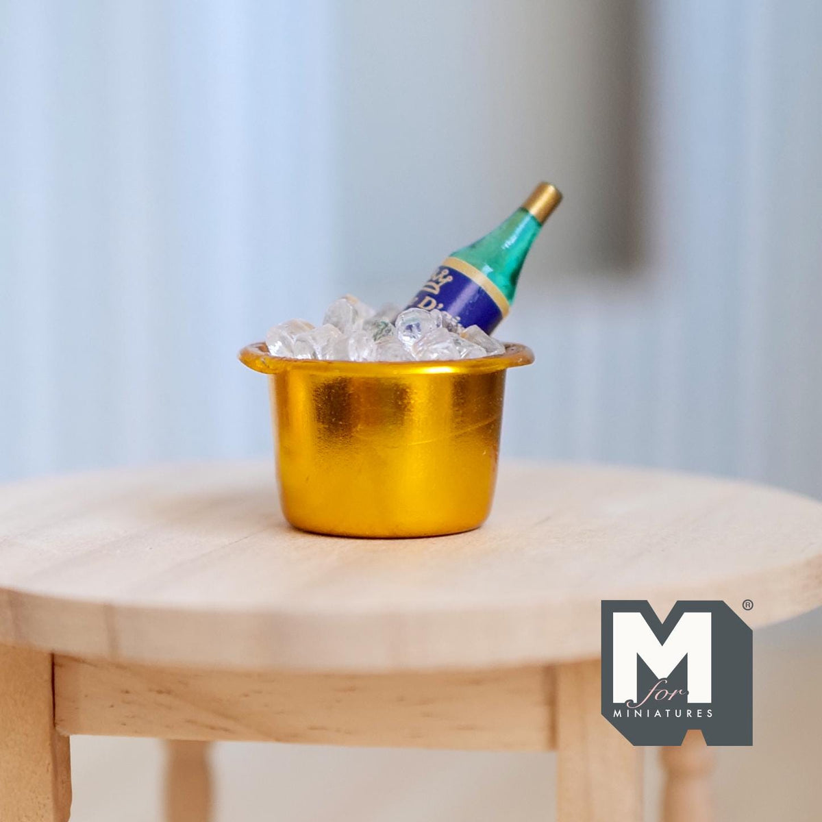 1:12 Scale Miniature Ice Bucket with Wine Bottle and Ice, 1-1/16 inch dia., DIY Dollhouse Supply (gold) (metal)