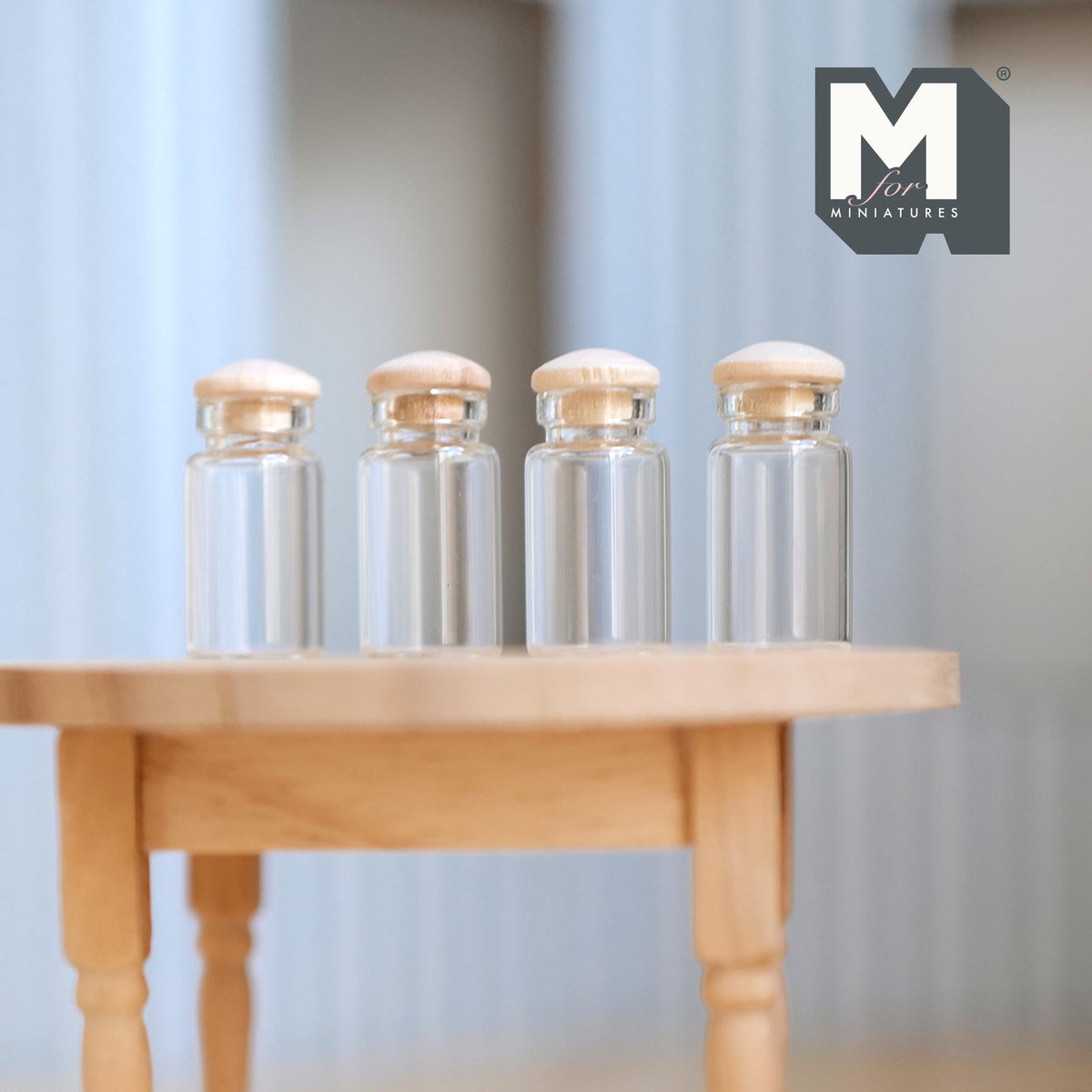 1:12 Scale Miniature Glass Spice Jars with Cork Stoppers, Set of 4, 1-1/16 inch tall, DIY Dollhouse Supply