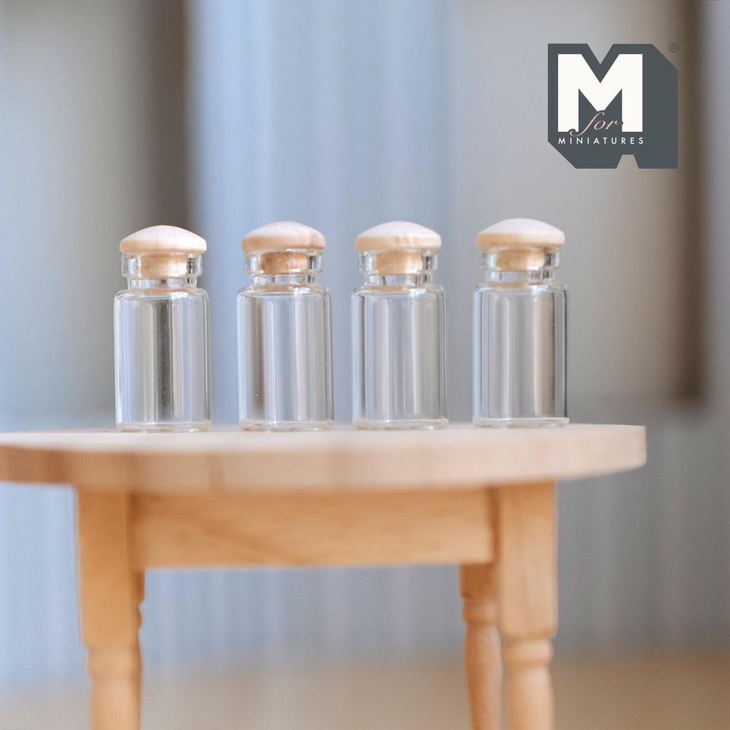 1:12 Scale Miniature Glass Spice Jars with Cork Stoppers, Set of 4, 1-1/16 inch tall, DIY Dollhouse Supply
