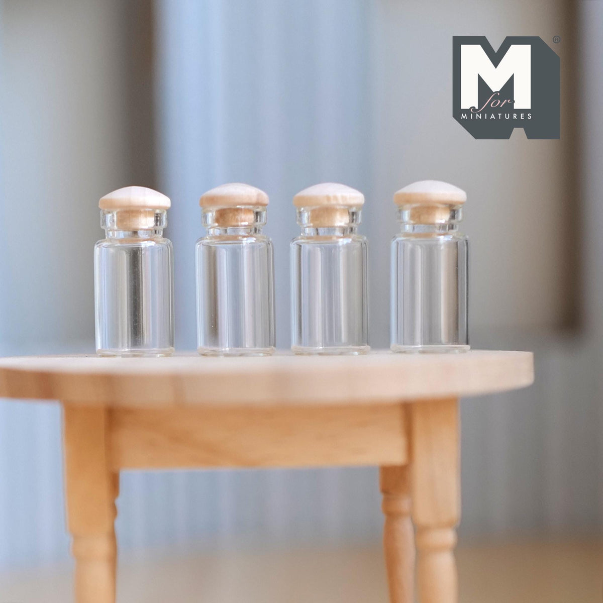 1:12 Scale Miniature Glass Spice Jars with Cork Stoppers, Set of 4, 1-1/16 inch tall, DIY Dollhouse Supply