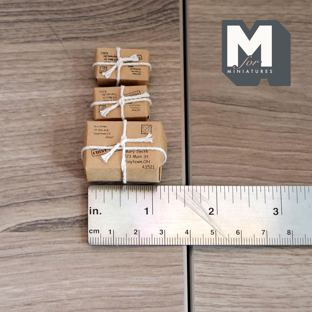 1:12 Scale Miniature Wrapped Parcels with String and Postcards, 1-3/16 inch long, DIY Dollhouse Supply