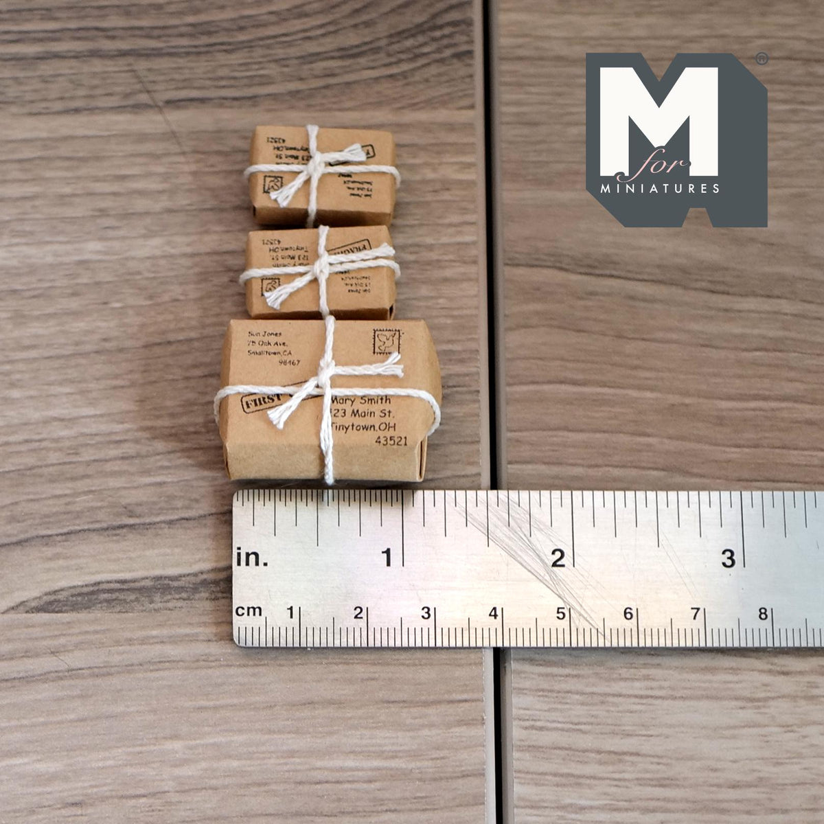 1:12 Scale Miniature Wrapped Parcels with String and Postcards, 1-3/16 inch long, DIY Dollhouse Supply