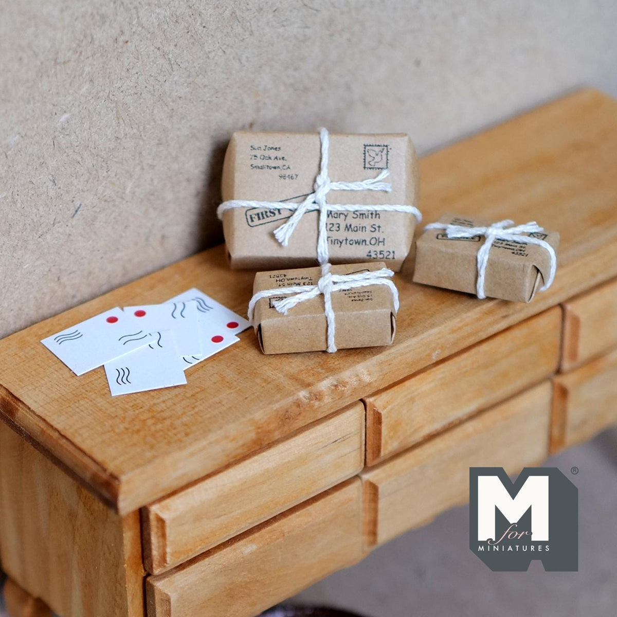 1:12 Scale Miniature Wrapped Parcels with String and Postcards, 1-3/16 inch long, DIY Dollhouse Supply