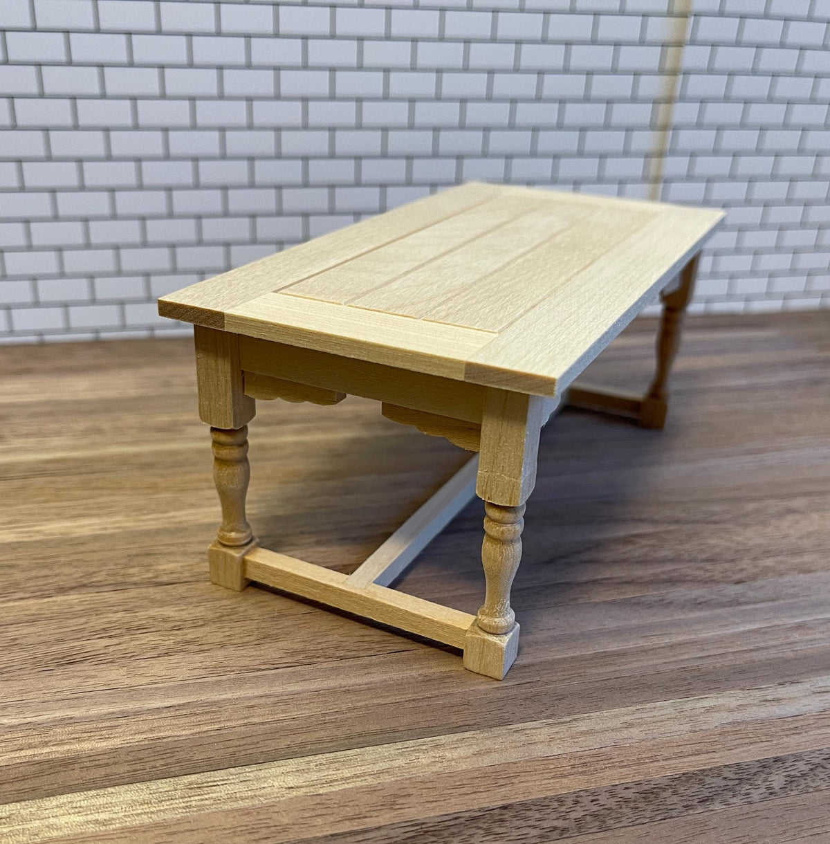 1:12 Scale Miniature Unpainted Dining Table, Turned Legs, Stretchers, 5-7/8 inch long, DIY Dollhouse Supply (wood)
