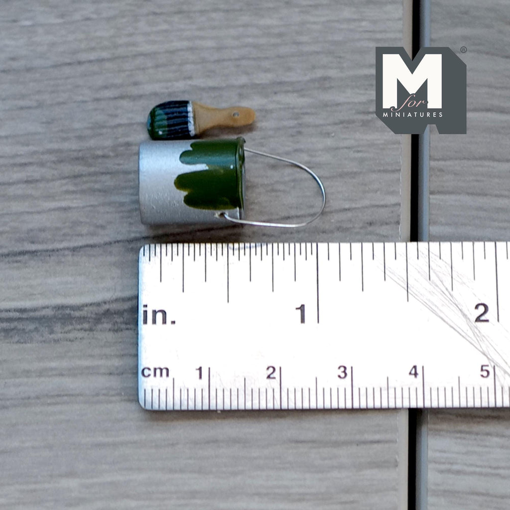 Miniature Paint Can and Bruch 1:12 Scale Dollhouse Supplies Paint Tin Bucket Pail Drum (dark green) - H026