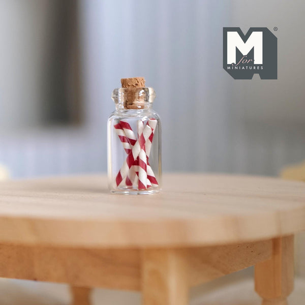 Miniature Candy Cane Jar 1:12 Scale Dollhouse Food Glass Jar with Cork 7/8 inch tall - G070