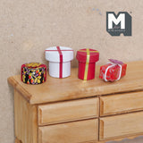 Miniature Christmas Gift Sets 1:12 Scale Dollhouse Supplies Christmas Gift Wrapped Boxes Set of 4 , 11/16 inch tall (wood) - G042