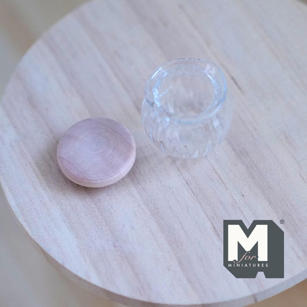 1:12 Scale Miniature Ribbed Clear Glass Jar with Pink Wood Lid, 11/16 inch tall, DIY Dollhouse Supply (S)