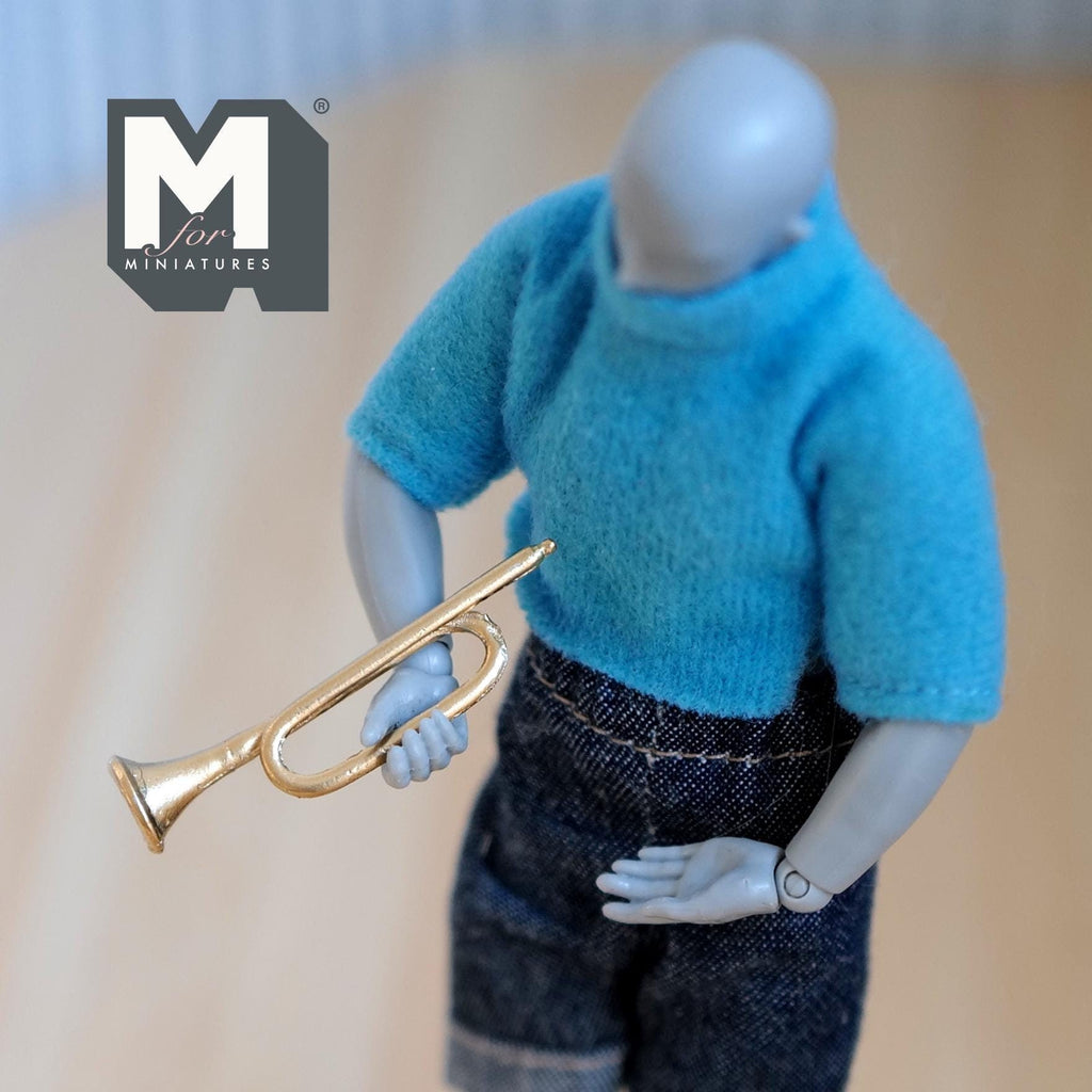 1:12 scale miniature gold metal bugle musical instrument, non working, held by an artist figure