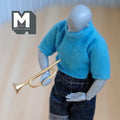 1:12 scale miniature gold metal bugle musical instrument, non working, held by an artist figure