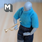 1:12 scale miniature gold metal bugle musical instrument, non working, held by an artist figure
