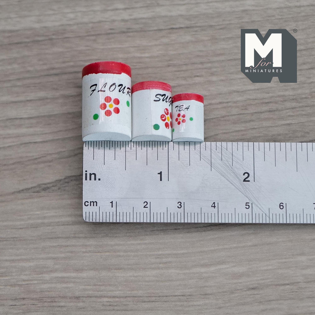 1:12 Scale Miniature Wood Kitchen Jars with Fixed Lids, Floral Print, Set of 3, 9/16 to 7/8 inch tall, DIY Dollhouse Supply (white and red)