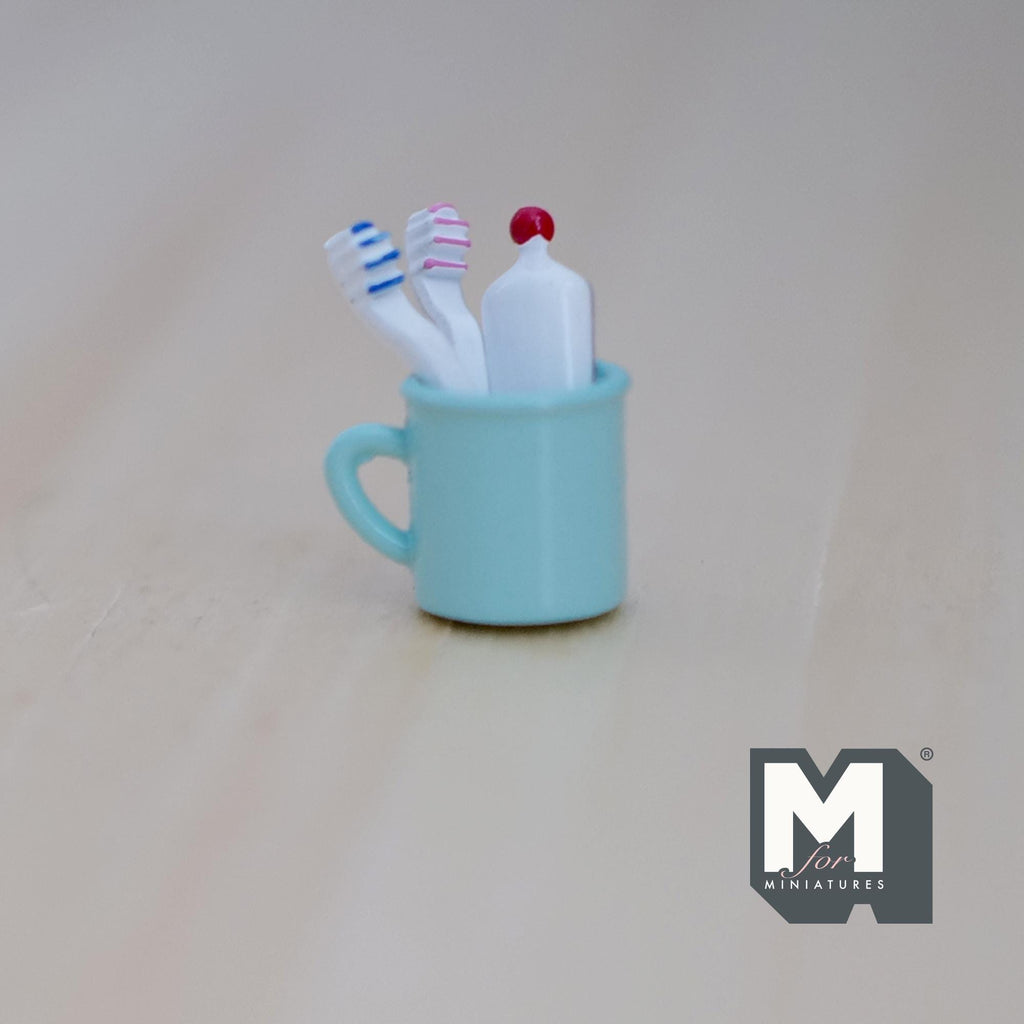 1:12 Scale Miniature Toothbrushes, Toothpaste and Rinse Cup, Set of 4, DIY Dollhouse Supply (aqua)