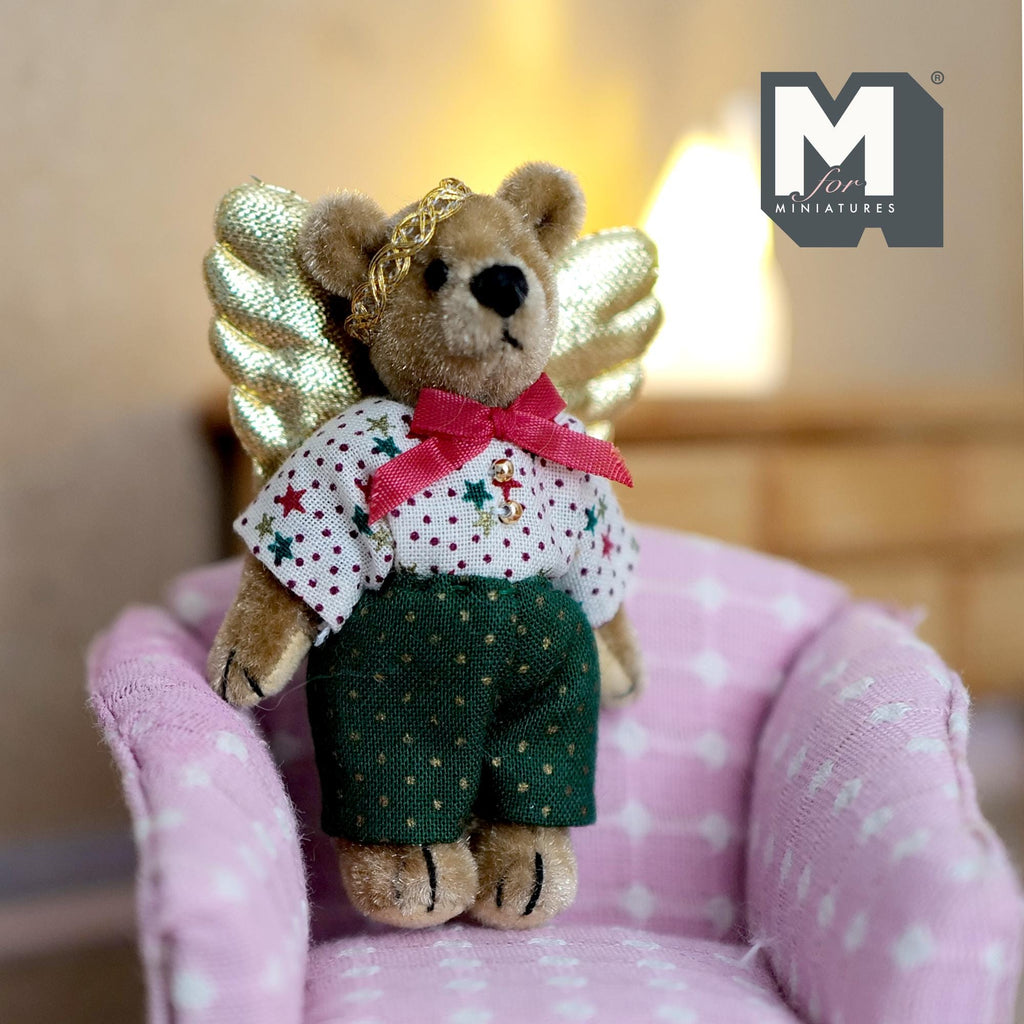 1:12 Scale Miniature Plush Bear with Golden Angel Wings, Movable Limbs, 2-1/2 inch tall, DIY Dollhouse Supply