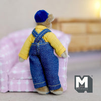 Miniature Bear in Overalls Shoulder Straps and Blue Hat 1:12 Scale Dollhouse Plush Toy with Movable Limbs 3-3/16 inch tall (from WMB) - H047