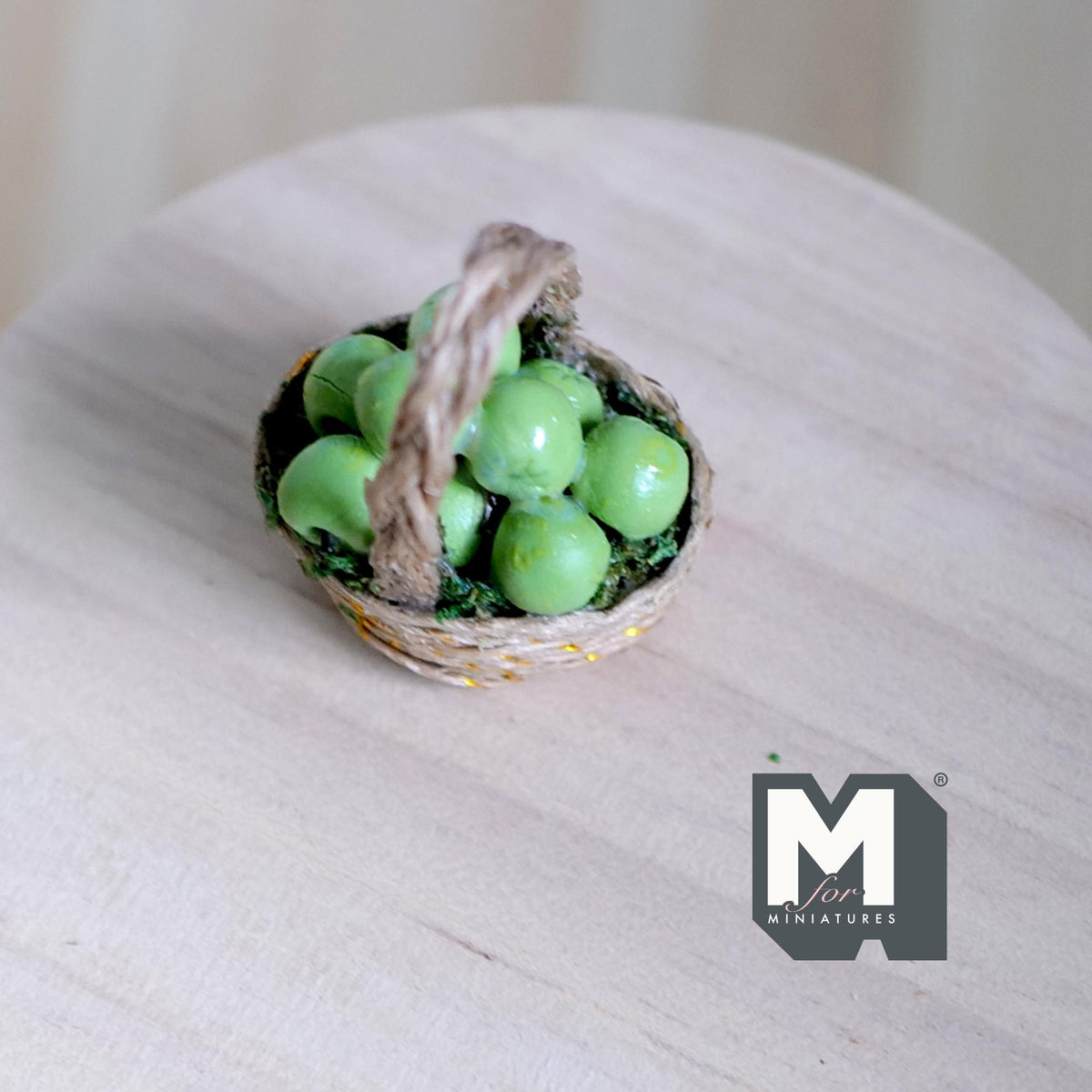 1:12 Scale Miniature Wicker Basket of Green Apples, Arched Handle, 1-3/8 inch tall, DIY Dollhouse Supply