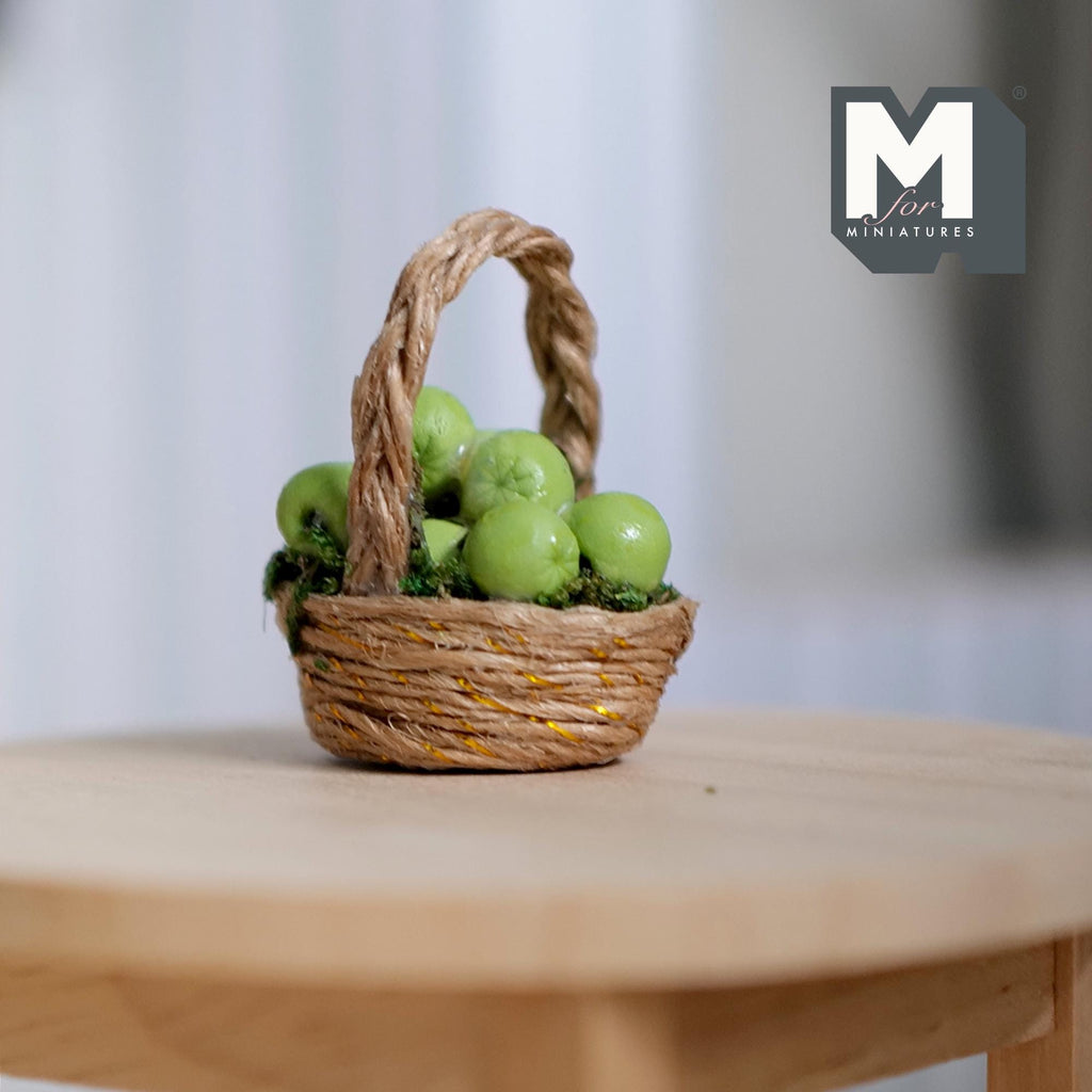 1:12 Scale Miniature Wicker Basket of Green Apples, Arched Handle, 1-3/8 inch tall, DIY Dollhouse Supply