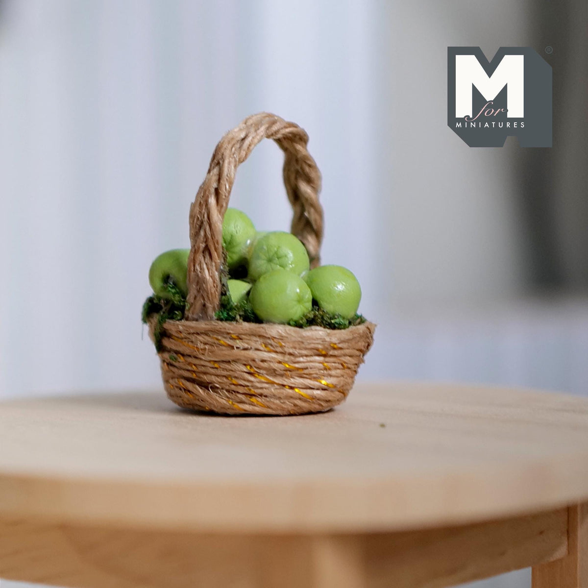 1:12 Scale Miniature Wicker Basket of Green Apples, Arched Handle, 1-3/8 inch tall, DIY Dollhouse Supply