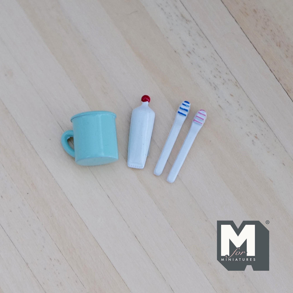 1:12 Scale Miniature Toothbrushes, Toothpaste and Rinse Cup, Set of 4, DIY Dollhouse Supply (aqua)