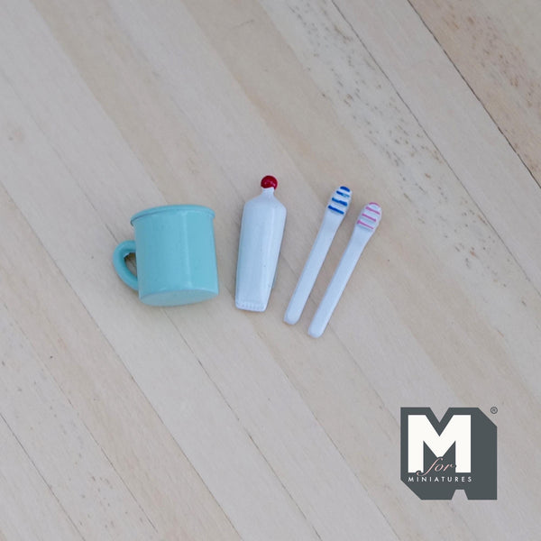 Miniature Toothbrush Toothpaste Rinse Cup 1:12 Scale Dollhouse Bathroom Tooth Mug Mouthwash Cup Set of 4 (blue) - H034