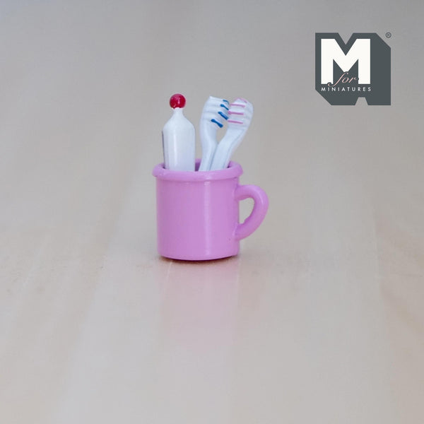 Miniature Toothbrush Toothpaste Rinse Cup 1:12 Scale Dollhouse Bathroom Tooth Mug Mouthwash Cup Set of 4 (pink) - H034